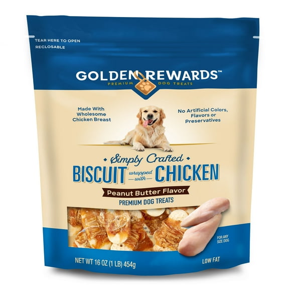 Golden Rewards Peanut Butter Flavor Biscuit Wrapped with Chicken Dry Training Treats for All Dogs, 16 oz