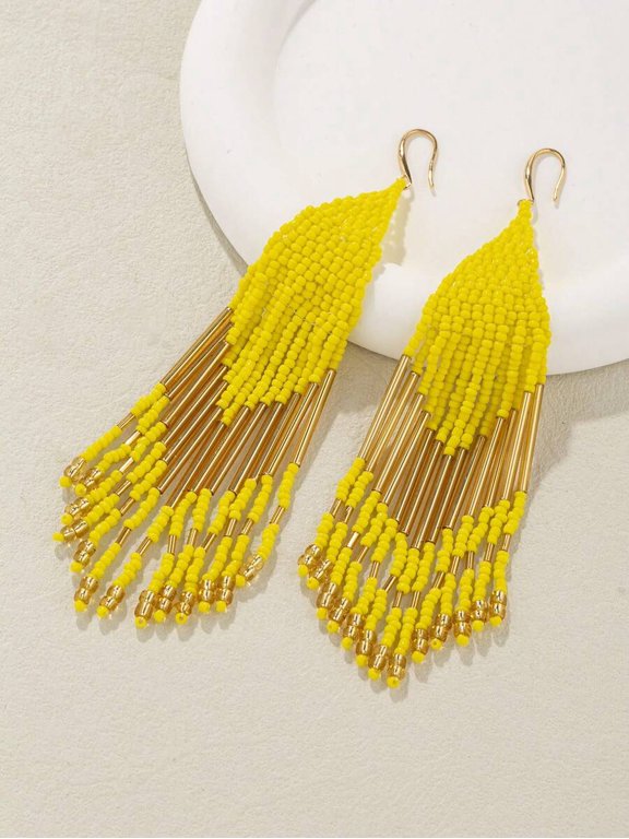 Golden Rice Bead Tassel Dangle Earrings 473 Bohemian Handmade Pair