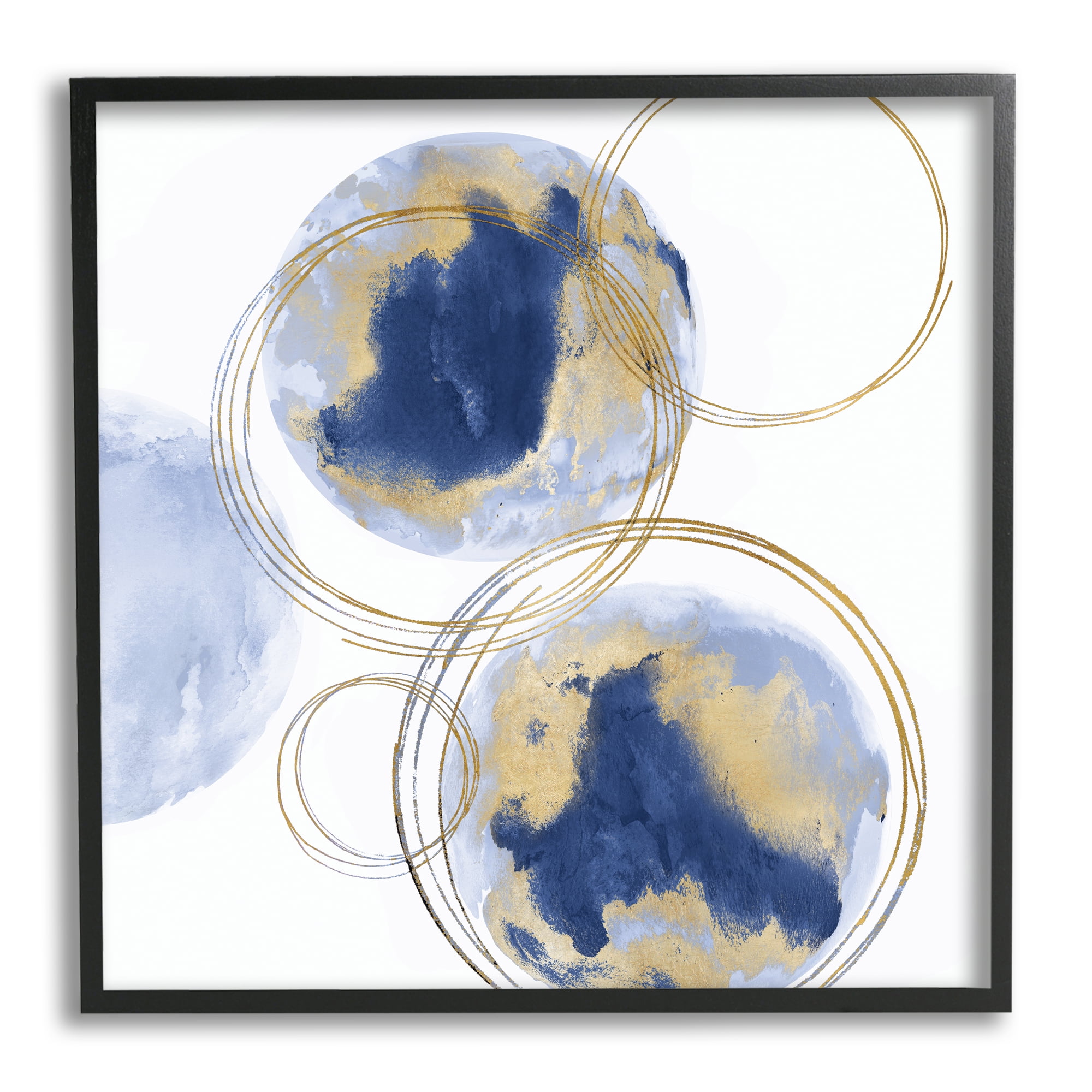 Golden Rings and Blue Circle Abstraction Modern Shapes Abstract Framed Art Print Wall Art, 17x17