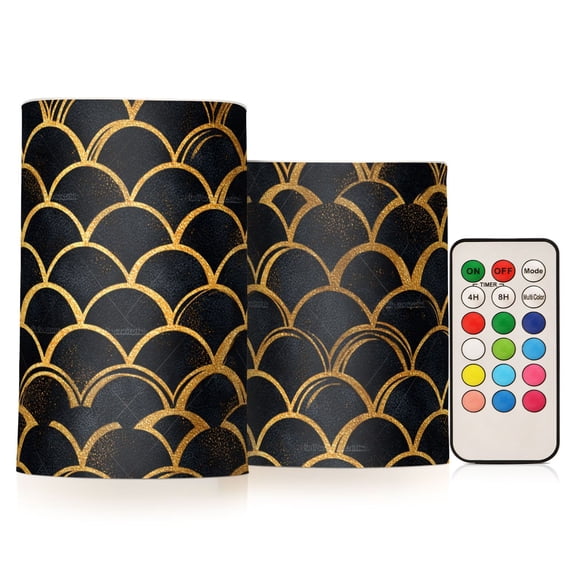 Golden Ripples Flickering Flameless Candles Battery Operated with Remote Timer LED Pillar Candles Set of 2