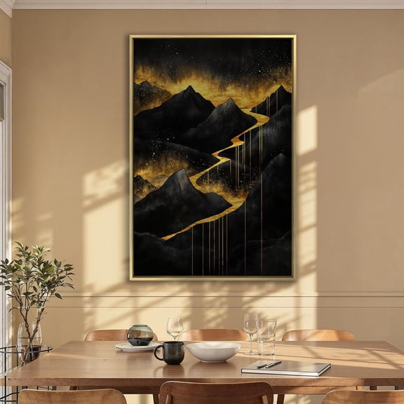 Golden River In Dark Mountains Wall Art Surreal Landscape Poster Mystical Wall Decor Abstract Mountain Poster Ready To Hang Home Decor, 24x36 UNFRAMED