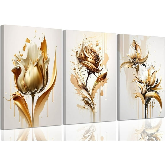 Golden Rose Flower Canvas Wall Art Golden Floral Picture Wall Decor Modern Elegant Plant Poster Print for Living Room Bedroom Bathroom Office Artwork Home Decoration（Only canvas）