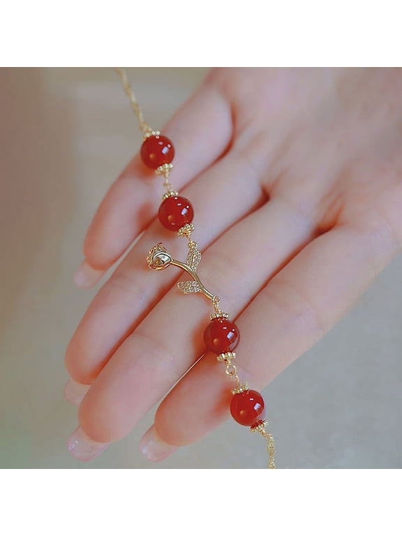 Golden Rose Natural Red Agate Round Beads Adjustable Bracelet Women Ornaments Gentle Style Fine Jewelry Gifts