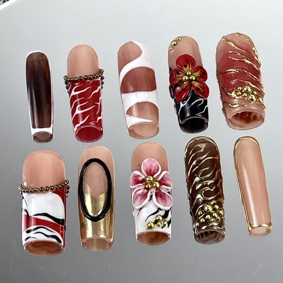 Golden Rouge,Custom Press On Nails, Almond Stiletto Square Nails, 3D Luxury Nail Art, Elegant Acrylic Nails, Spring Wedding Gift, Handmade Nail Set,Size S