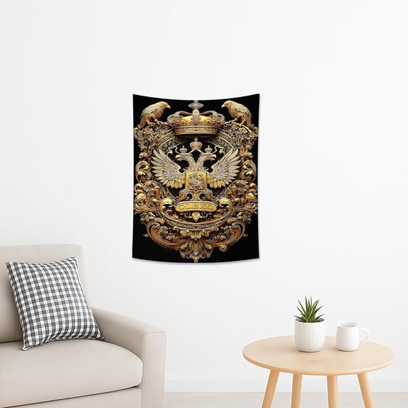 Golden Royal Crest Tapestry, Traditional Black and Gold Decorative Wall Hanging, Elegant Tapestries for Bedroom, Living Room, Office 30x40 Inch