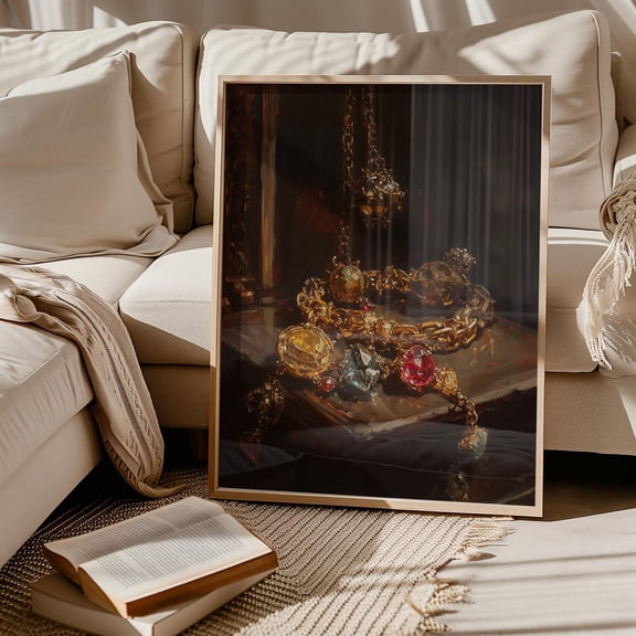 Golden Royal Jewels, Antique Still Life Print, Regal Baroque Decor, Ruby & Sapphire Wall Art, A032, Unframed Paper Poster 8x10in
