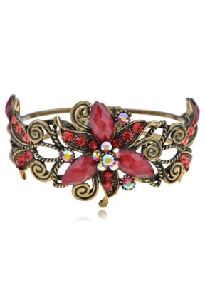 Golden Ruby Crystal Rhinestone Bead Flower Swirl Fashion Cuff Bracelet Bangle