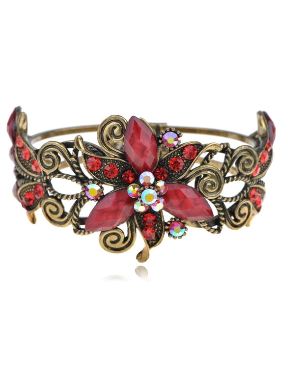 Golden Ruby Crystal Rhinestone Bead Flower Swirl Fashion Cuff Bracelet Bangle