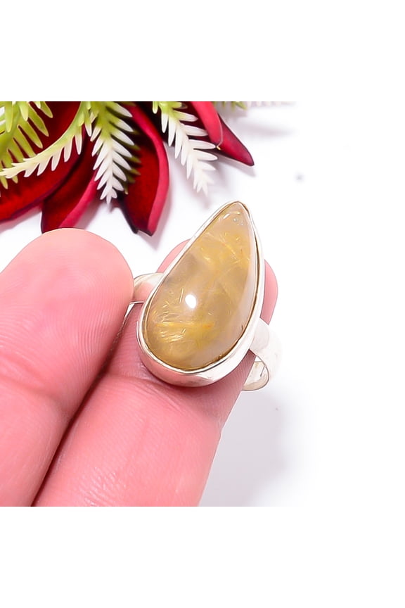 Golden Rutilated Quartz - Brazil Gemstone 925 Sterling Silver Ring S.10 R15