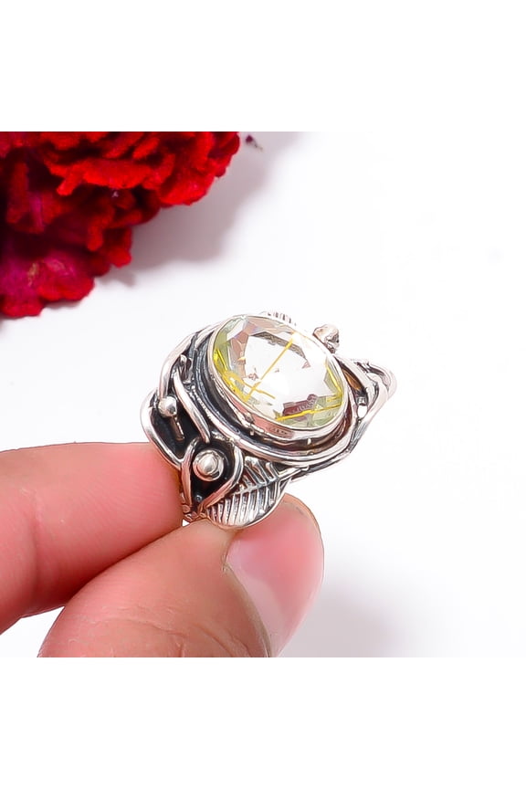 Golden Rutilated Quartz Handmade Oxidised 925 Sterling Silver Ring S.6 R97923, Christmas Gift