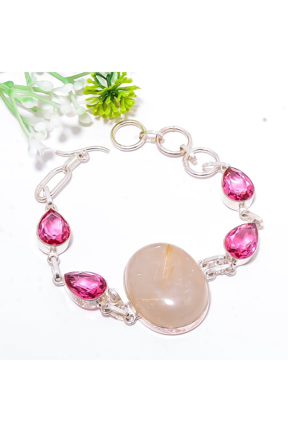 Golden Rutilated Quartz, Pink Rubellite Tourmaline 925 Silver Bracelet 7.99" B29