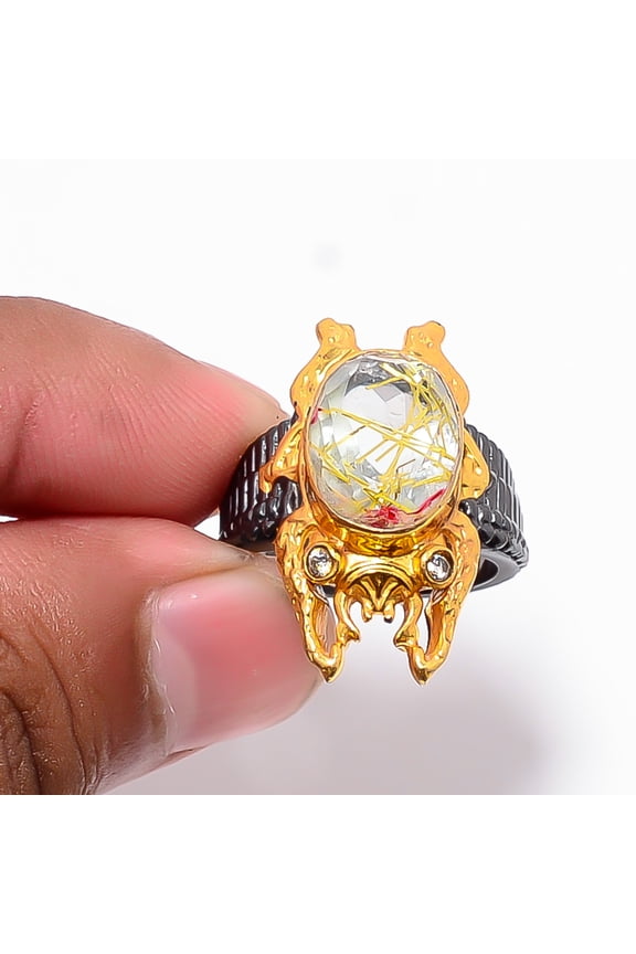 Golden Rutilated Quartz & White Topaz 925 Sterling Silver Frog Ring S.7.5 R87521, Christmas Gift