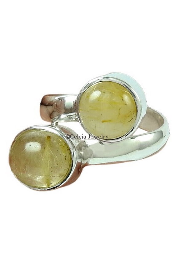 Golden Rutile Gemstone Stackable Wedding Antique Designer Handmade Ring, 2 Stone Round Ring, Elegant Ring, Promise Ring, Bohemian Cocktail Dainty Attractive Ring (golden-rutile, Size 7)
