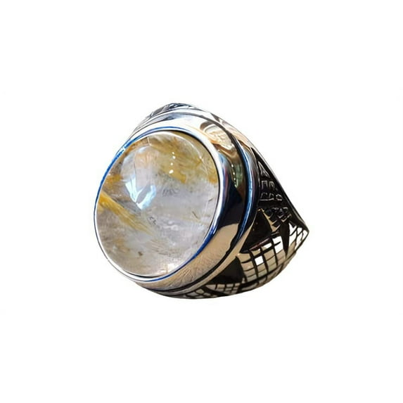 Golden Rutile Mans Ring, Natural Golden Rutilated Quartz, Quartz Silver Jewelry, 925 Silver Ring, Gift, Heavy Mens Ring, Arabic Design, Ottoman Style Ring, Christmas, Turkey Mens Signet Ring