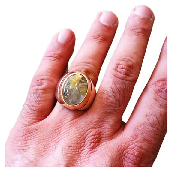 Golden Rutile Mans Ring, Natural Golden Rutilated Quartz, Quartz Silver Jewelry, 925 Silver Ring, Gift, Heavy Mens Ring, Arabic Design, Ottoman Style Ring, Christmas, Turkey Mens Signet Ring
