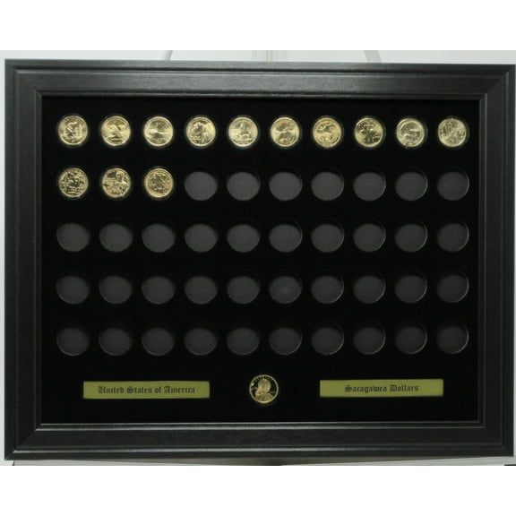 Golden Sacagawea Dollar Coins (Not Included) Wall Display Picture Frame Holds 51 Coins Made in the USA