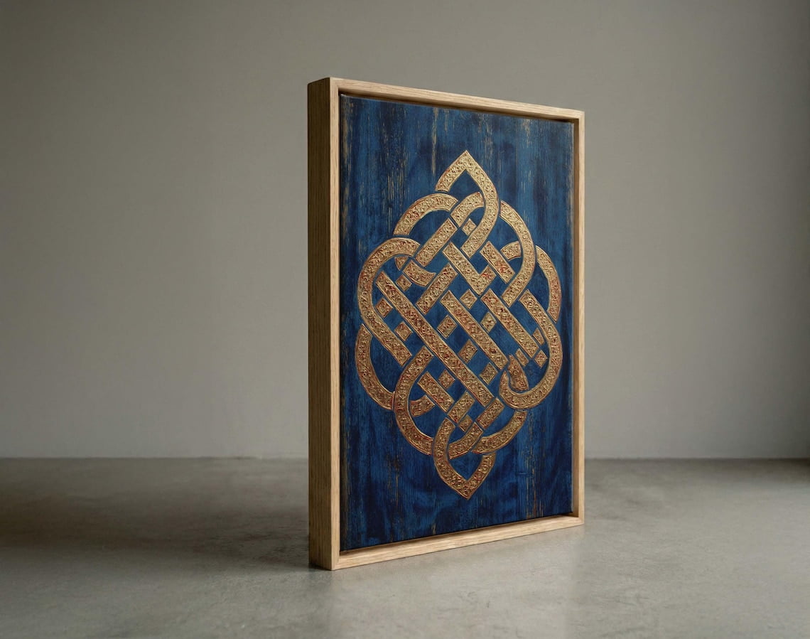 Golden Sacred Geometry Knot Wall Art Print, Mystical Blue Geometric ...