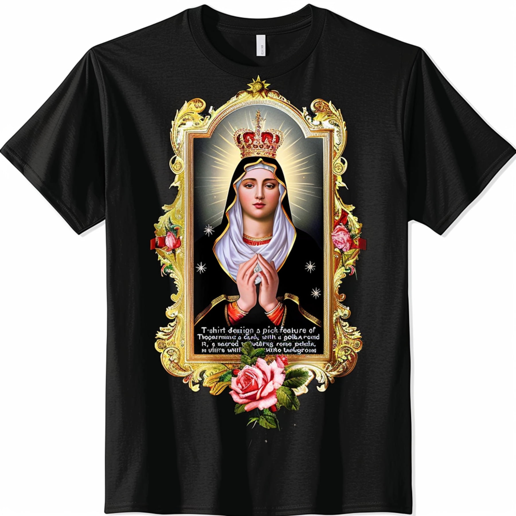 Golden Sacred Heart Mother Mary Roses Black Tshirt Ultra Realistic 