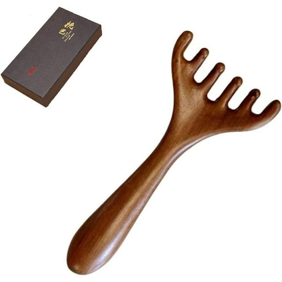 Golden Sandalwood Massager Tool Eye Massage Device Scalp Gua Sha Wooden Comb Forehead Massage Tools with Gift Box (5+2-Claws)