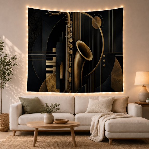 Golden Saxophone Beside Piano Keys and Geometric Motifs, Dramatic Art Deco for Music Lovers, Jazz Wall Art, Housewarming Gift, Tapestry Wall Hanging for Studio and Living Room