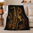 thumbnail image 1 of Golden Saxophone with Swirling Music, Dramatic Jazz Style for Music Lovers, Black Gold Instrument Scene and Birthday Gift, Soft Flannel Blanket for Music Room and Studio, Home Decor, 1 of 9
