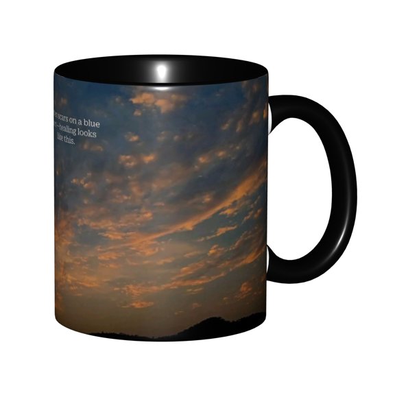 Golden Scars On A Blue Heart Healing Quote Sunset Cloud Mountain Silhouette Ceramic Mug 11oz, Gentle Mental Health Positive Dusk Sky Text Cup, Microwave Safe Gift for Healing & Sunset Lovers