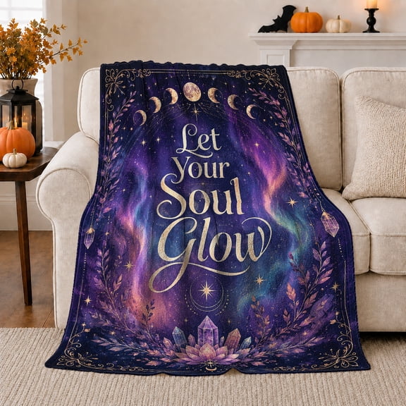 Golden Script Framed By decorative theme Crystals, Soft Flannel Blanket with Mystical Celestial Typography Print, Housewarming Gift and Home Decor for Bedroom and Living Room