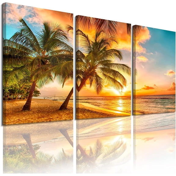 Golden Seascape Ocean Beach Wall Art Cozy Sea Artwork Modern Ocean Sunset Sea Beach Canvas Prints Pictures Paintings on Canvas Wall Art for Home Decor 5 Panels Gallery Wrapped Tropical Scenery