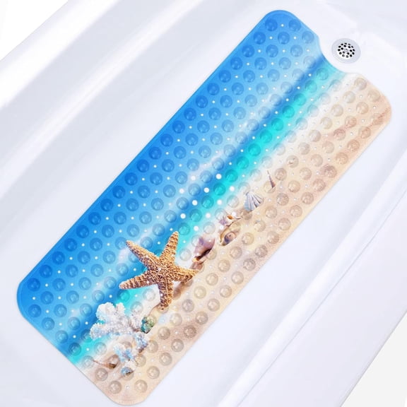 Golden Seashell Starfish Bath Mat for Tub Non Slip, Beach Summer 40 X 16 Inch Extra Long Bathtub Mat, Shower Mat for Tub Anti Slip with Suction Cups and Drain Holes for Kids Adults Elderly