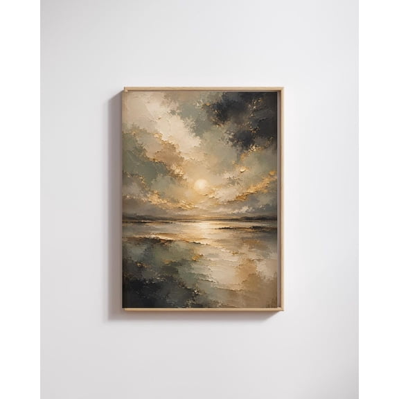 Golden Seaside Sunset Wall Art Print, Textured Neutral Horizon And Luxury Coastal Decor