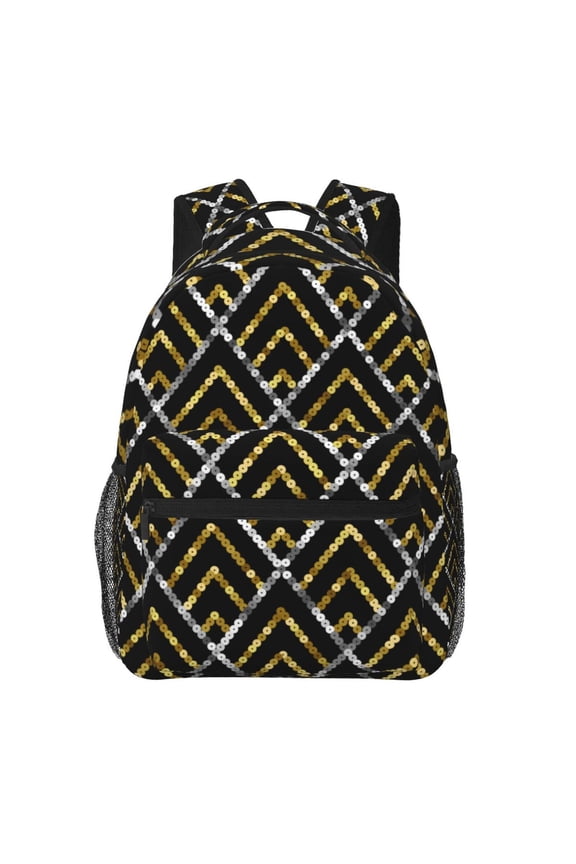 Golden Sequin Glitter Geometric Backpack Casual College Bag Zipper Laptop Daypack Hiking Rucksack Travel