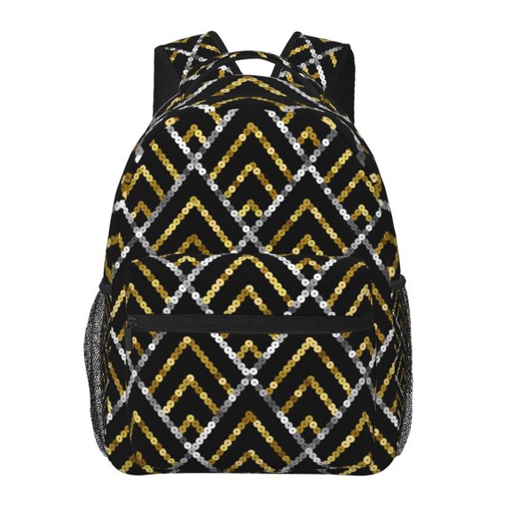 Golden Sequin Glitter Geometric Backpack Casual College Bag Zipper Laptop Daypack Hiking Rucksack Travel