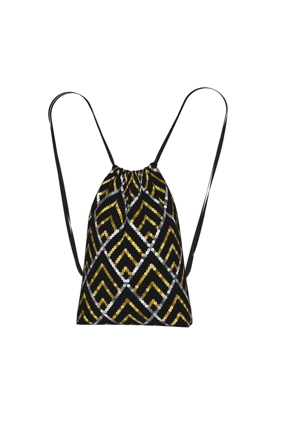Golden Sequin Glitter Geometric Packable Drawstring Backpack, Lightweight Foldable Cinch Storage Bag for Gym Travel Shopping
