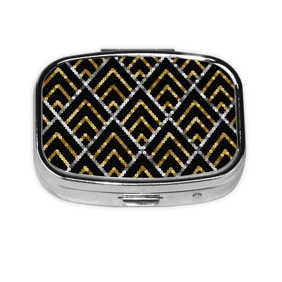 Golden Sequin Glitter Geometric Square Pill Box 2 Compartment Pill Case Medicine Organizer Decorative Gift for Purse Pocket