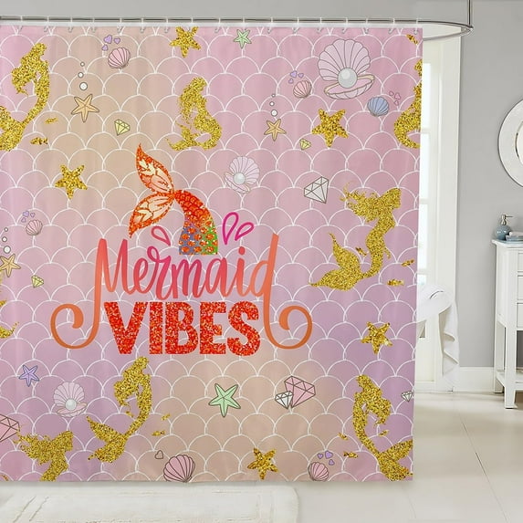 Golden Sequins Mermaid Shower Curtain Set Shell Starfish Shower Curtain,Glitter Sequined Fishtail Bath Curtain Sealife 72"Wx72"L,Nautical Sea Animal Ocean Decor Pink Kawaii Mermaid Gifts for Girls