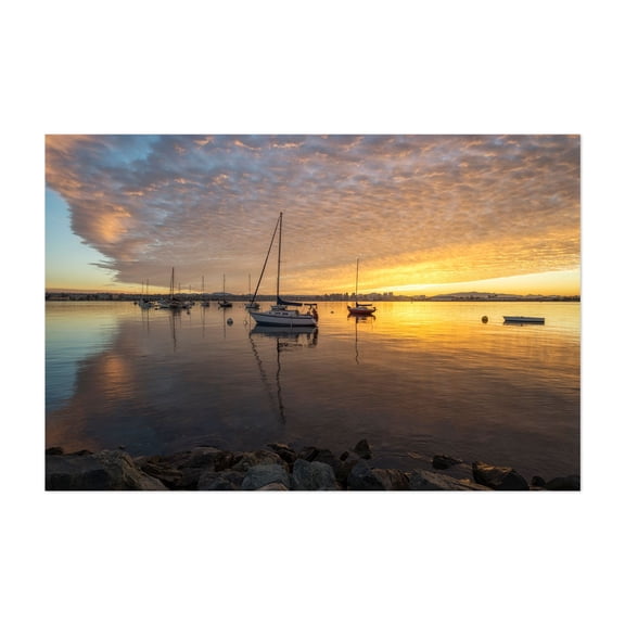 Golden Serenity - San Diego Harbor - San Diego California Photography Sunset Sailboat Harbor Seascape Ocean Coastal Scenic Unframed Wall Art Print 40 x 60 inches