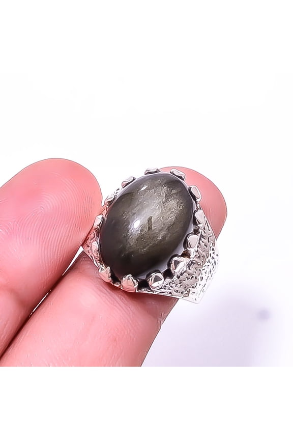 Golden Sheen Obsidian -Mexico 925 Sterling Silver Ring s.8, Brown Golden Sheen Obsidian Ring R_9368_305_14