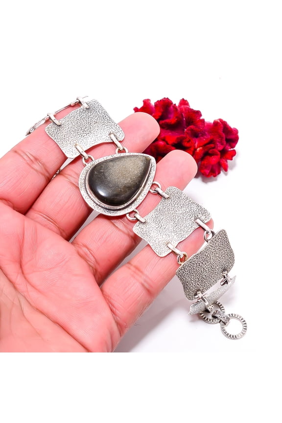 Golden Sheen Obsidian - Mexico 925 Sterling Textured Silver Bracelet 8.99" B84316, Christmas Gift