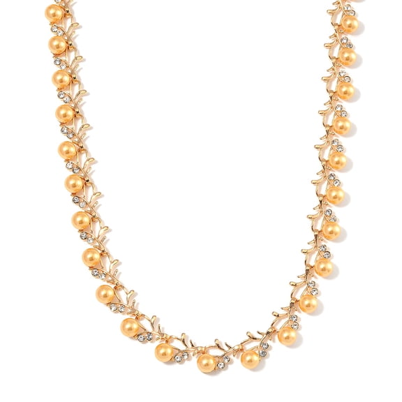 Golden Shell Pearl and White Crystal Blossom Vine Necklace 18-20 Inches in Goldtone Christmas Gifts