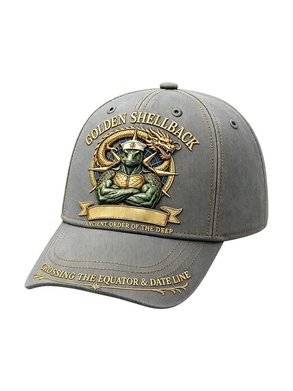 Golden Shellback Embroidered Baseball Cap, Vintage Adjustable Low Profile Dad Hat, Breathable Cotton Casual Outdoor Sun Hat for Men Grey