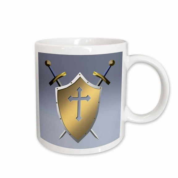 3drose, Golden Shield with Crossed Swords and the Christian Cross and Background in Gull Gray, 11oz Mug