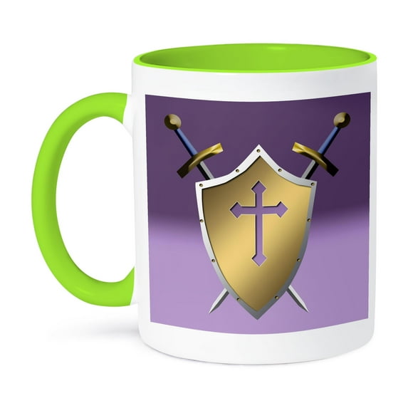 3dRose, Golden Shield with crossed swords and the Christian Cross and background in Lavender Purple, 11oz Two-Tone Green Mug