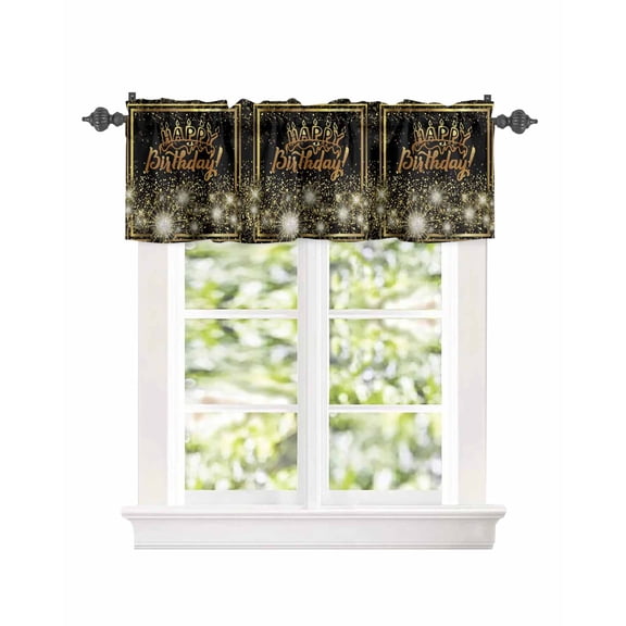 Golden Shining Fireworks on Black Window Valances for Kitchen,Rod Pocket Valance Privacy Small Curtain,Happy Birthday Celebration Window Treatment Drapes for Bedroom Laundry Room Farmhouse 42x12in