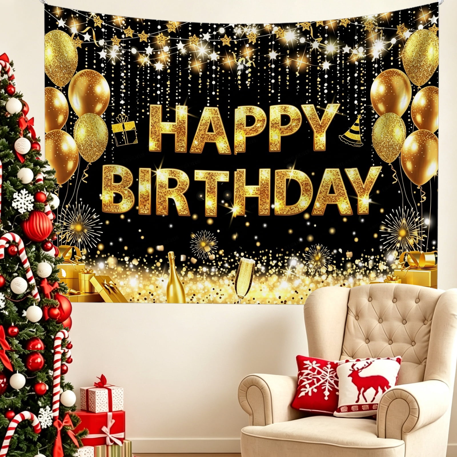 Golden Shining Star Firework Happy Birthday 2D Flat Print Tapestry