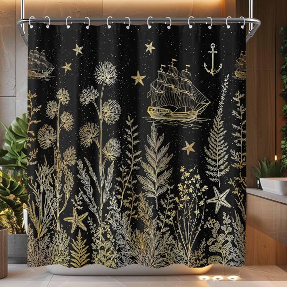 Golden Ship Shower Curtain Nautical Shower Curtains for Bathroom Classy Shower Curtain Set with Hooks-36"W x 72"L (Pack of 1)