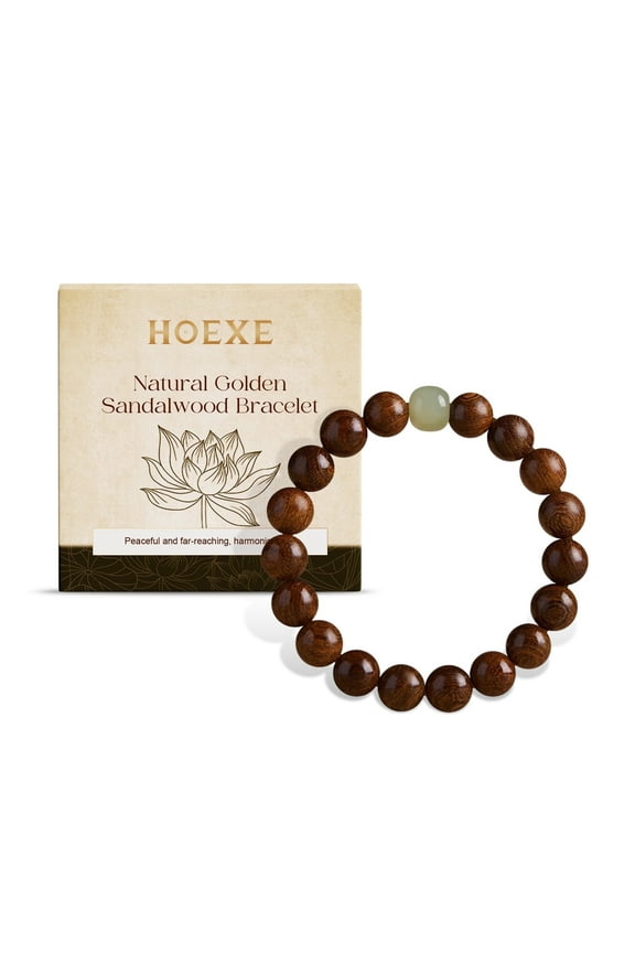 Golden Silk Sandalwood Bead Bracelet - Zen Meditation, Stress Relief, Natural Wood, Adjustable, Handcrafted, Minimalist, Buddhist Mala Wristband Buddha Beads 0.77 oz