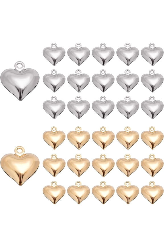 Golden/Silver Love Heart Pendants 13x11.5x4mm Puff Heart Charms Bulk 40pcs Stainless Steel Heart Dangle Pendant for Valentines Day Necklace Bracelet Earring Gifts DIY