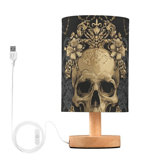 Golden Skull Chains Black Flower Pattern Table Lamp with USB Port LED Warm Light Lamp Night Light Home Decor