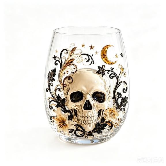 Golden Skull Halloween Glass Summerween, Tumbler Drinking Cup, 2D Embossed Skeleton Motif, Clear Glass Gold Accent, Party Home Bar Tableware Decor, 1 Pc