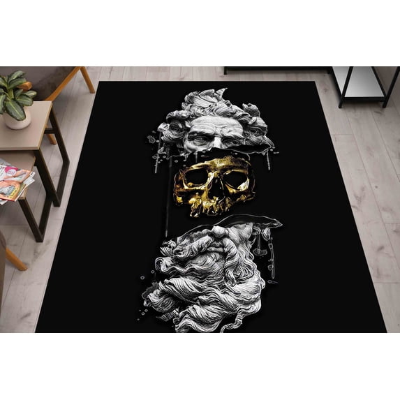 Golden Skull in Poseidon's Head Rug, Man Cave Rug, Abstract Rugs, Modern Rug, Small Rug, Office Rug, Entryway Rug, Front Door Rug, 3.3'x9.2' - 100x280 cm